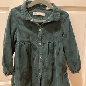 Zara corduroy button dress in a forest green with black polka dots. 2-3 years.